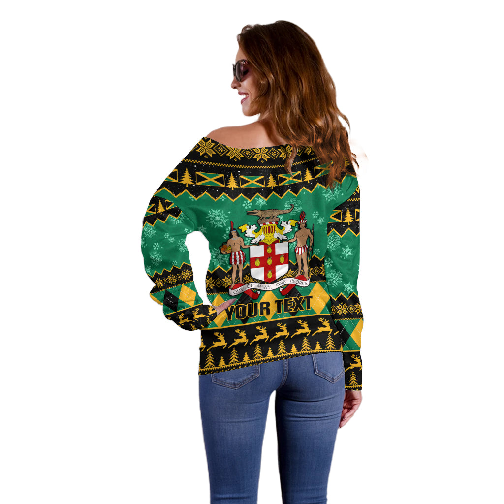 Personalised Jamaica Christmas Off Shoulder Sweater Jamaican Coat Of Arms Xmas Vibes - Wonder Print Shop