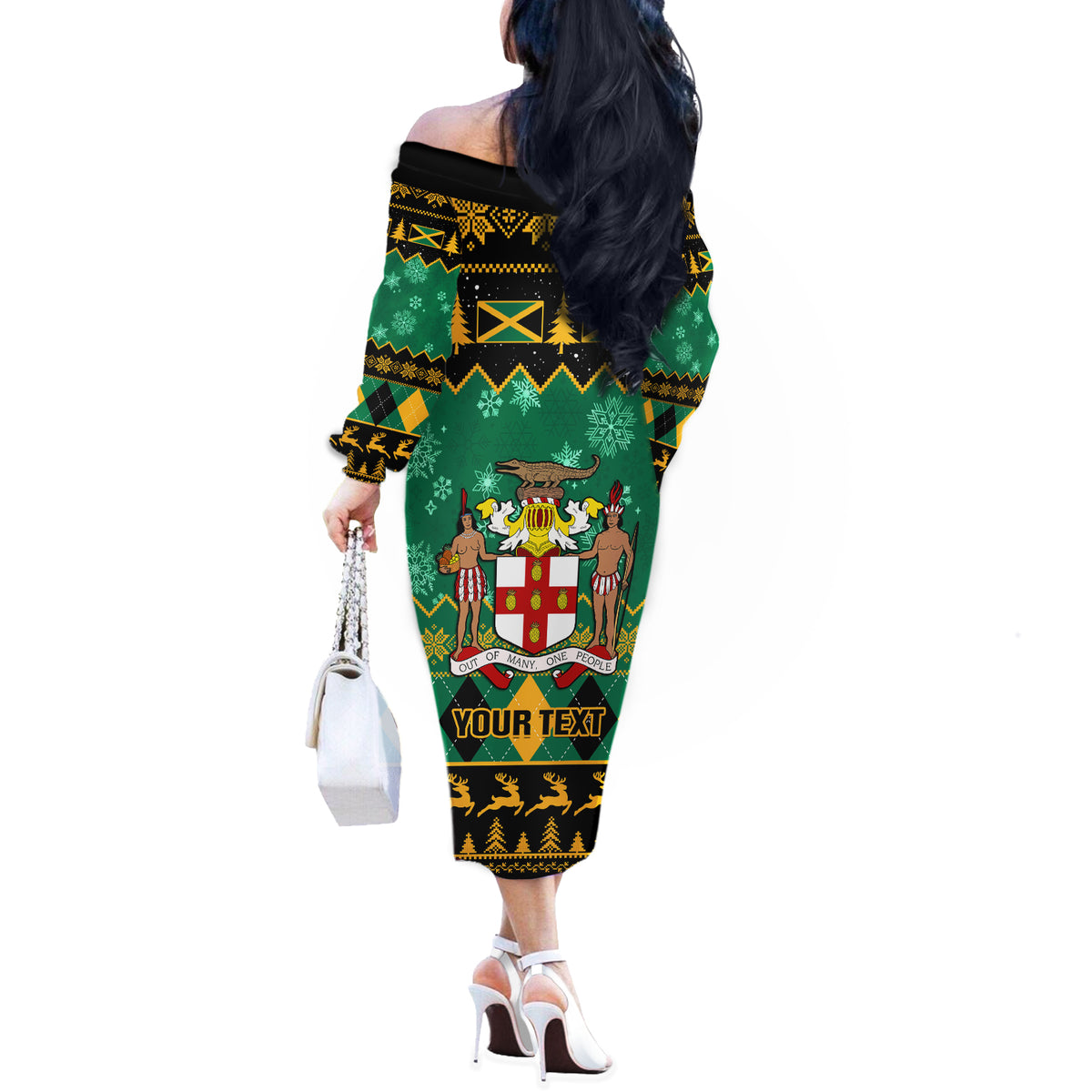Personalised Jamaica Christmas Off The Shoulder Long Sleeve Dress Jamaican Coat Of Arms Xmas Vibes - Wonder Print Shop