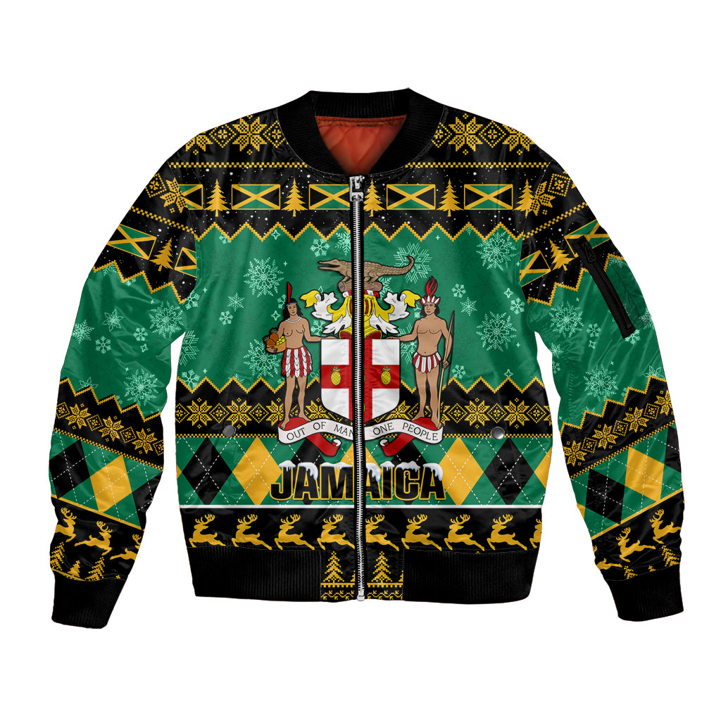 Personalised Jamaica Christmas Sleeve Zip Bomber Jacket Jamaican Coat Of Arms Xmas Vibes - Wonder Print Shop