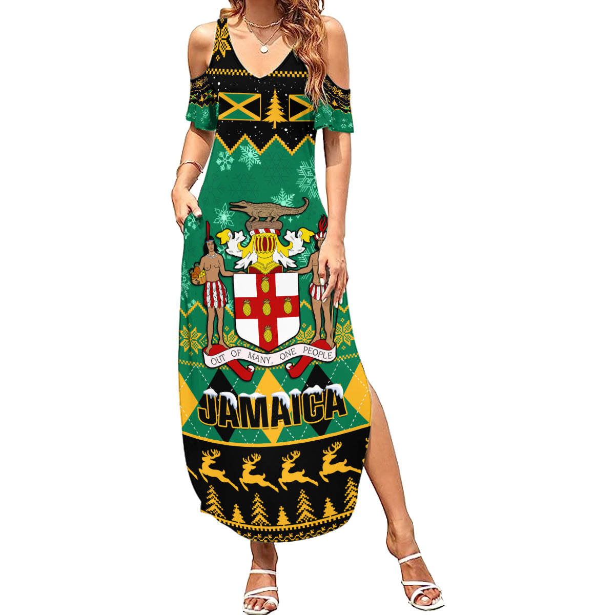 Personalised Jamaica Christmas Summer Maxi Dress Jamaican Coat Of Arms Xmas Vibes - Wonder Print Shop