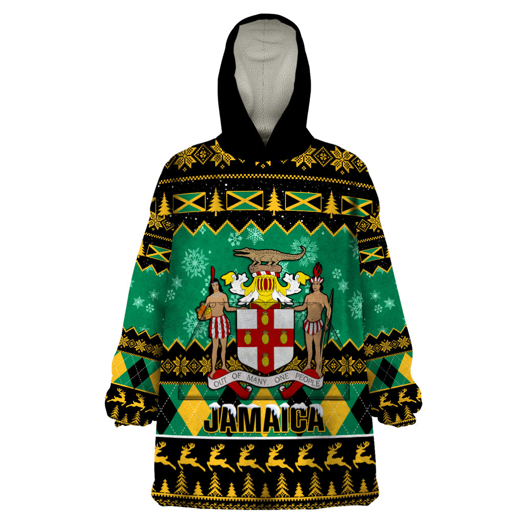 Personalised Jamaica Christmas Wearable Blanket Hoodie Jamaican Coat Of Arms Xmas Vibes - Wonder Print Shop