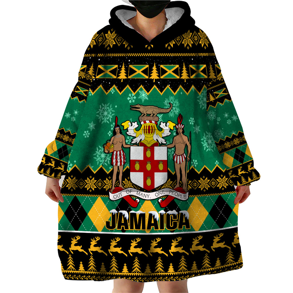 Personalised Jamaica Christmas Wearable Blanket Hoodie Jamaican Coat Of Arms Xmas Vibes - Wonder Print Shop