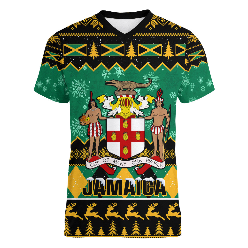 Personalised Jamaica Christmas Women V Neck T Shirt Jamaican Coat Of Arms Xmas Vibes - Wonder Print Shop