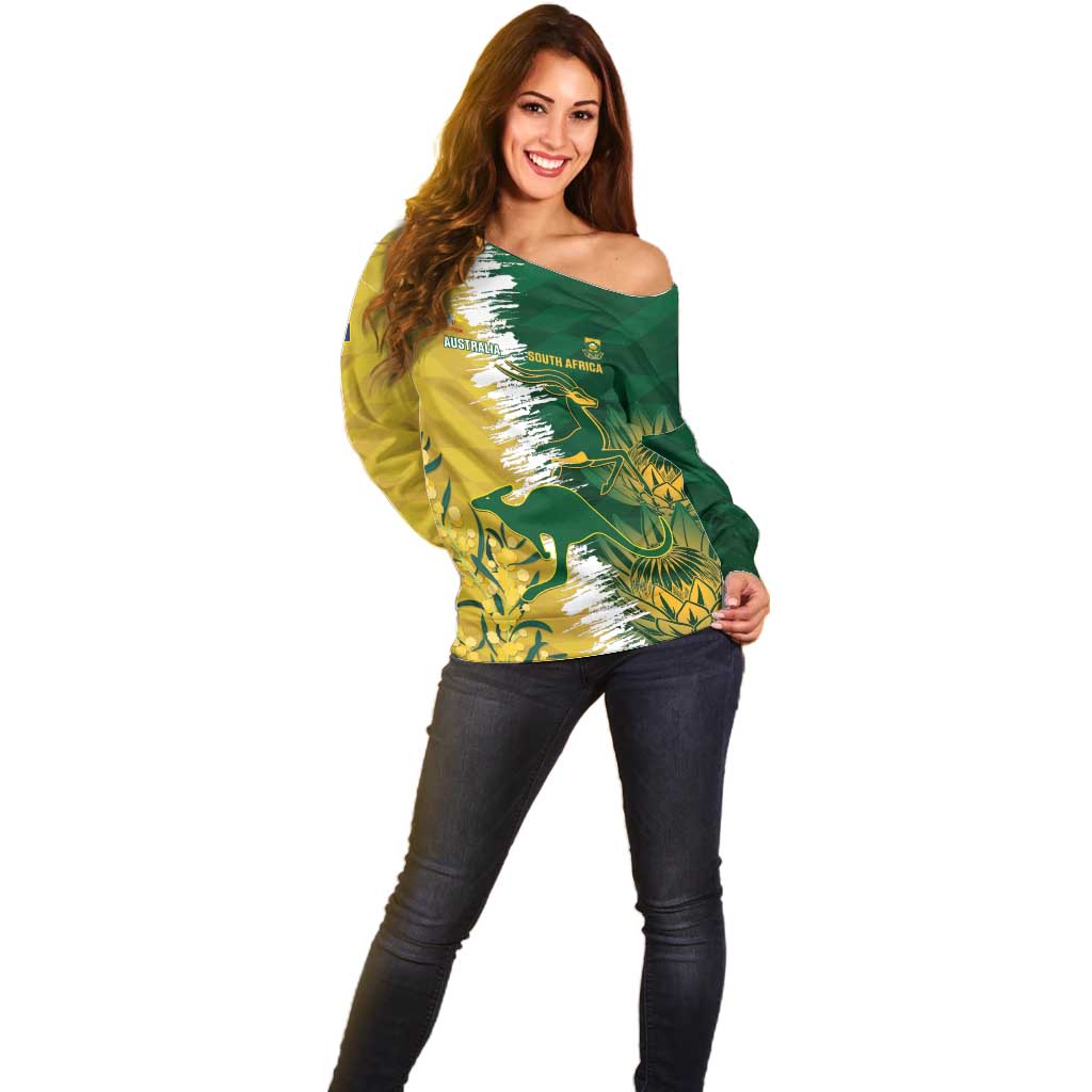Custom Australia And South Africa Cricket Off Shoulder Sweater Aussies Proteas Together - Wonder Print Shop