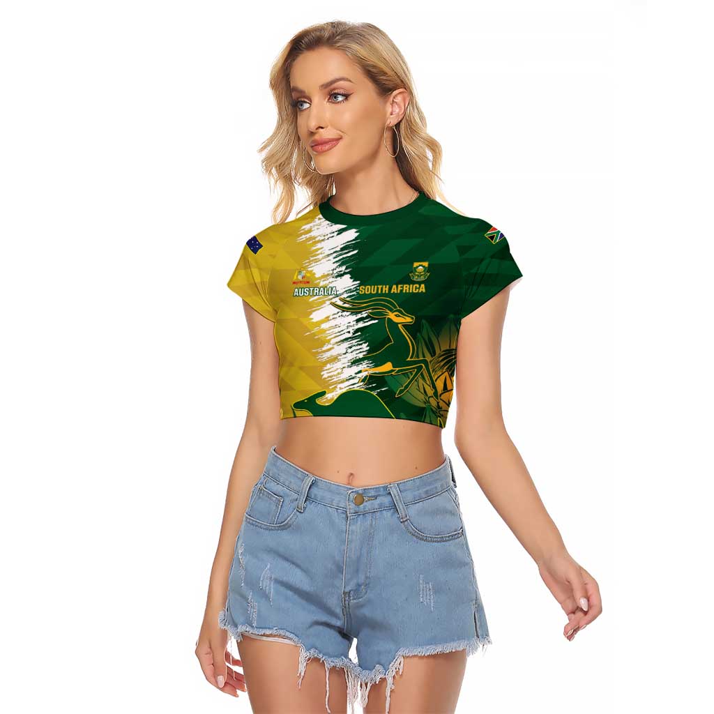 Custom Australia And South Africa Cricket Raglan Cropped T Shirt Aussies Proteas Together - Wonder Print Shop