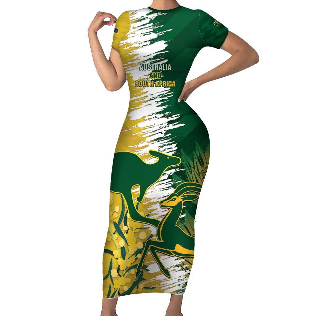 Custom Australia And South Africa Cricket Short Sleeve Bodycon Dress Aussies Proteas Together - Wonder Print Shop