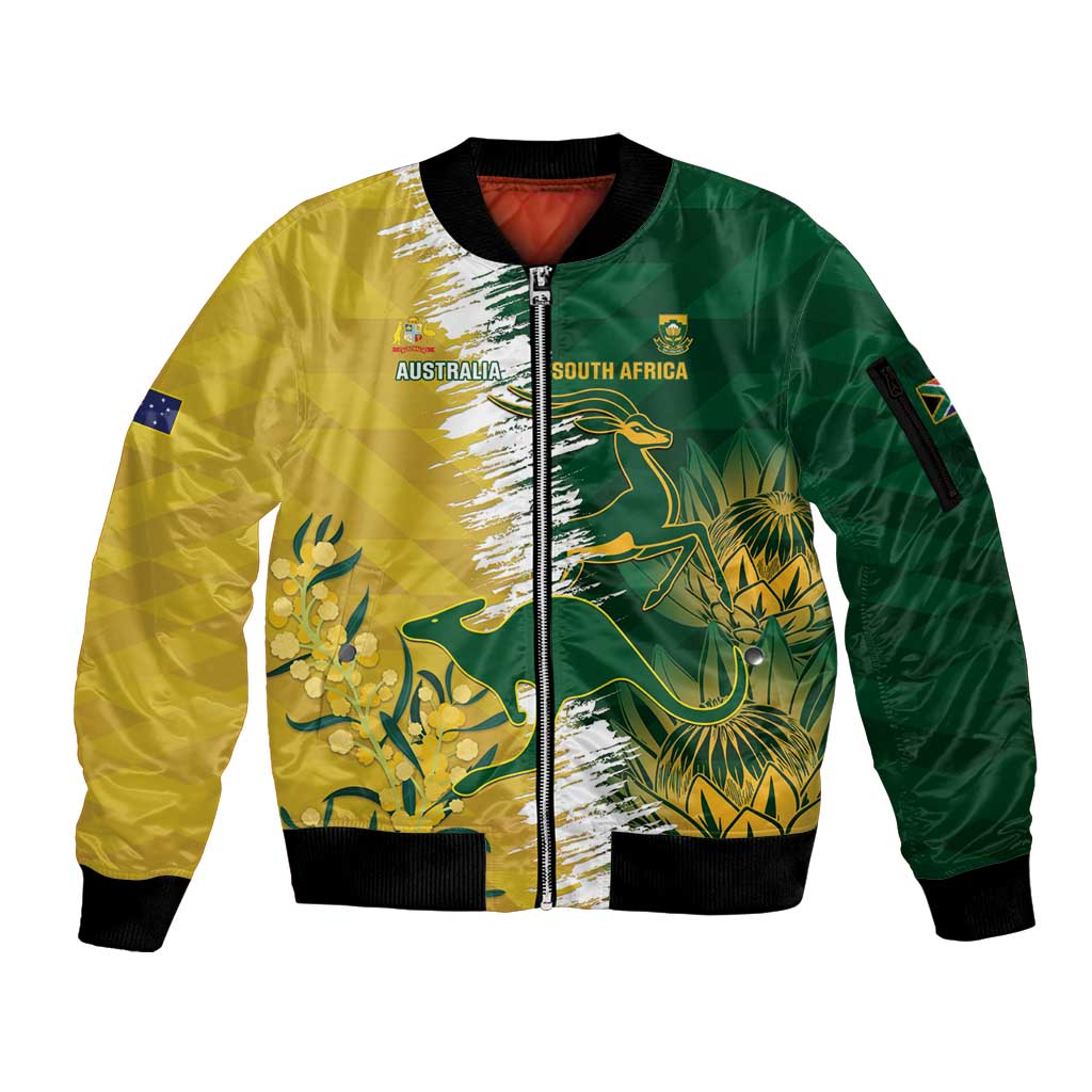 Custom Australia And South Africa Cricket Sleeve Zip Bomber Jacket Aussies Proteas Together - Wonder Print Shop