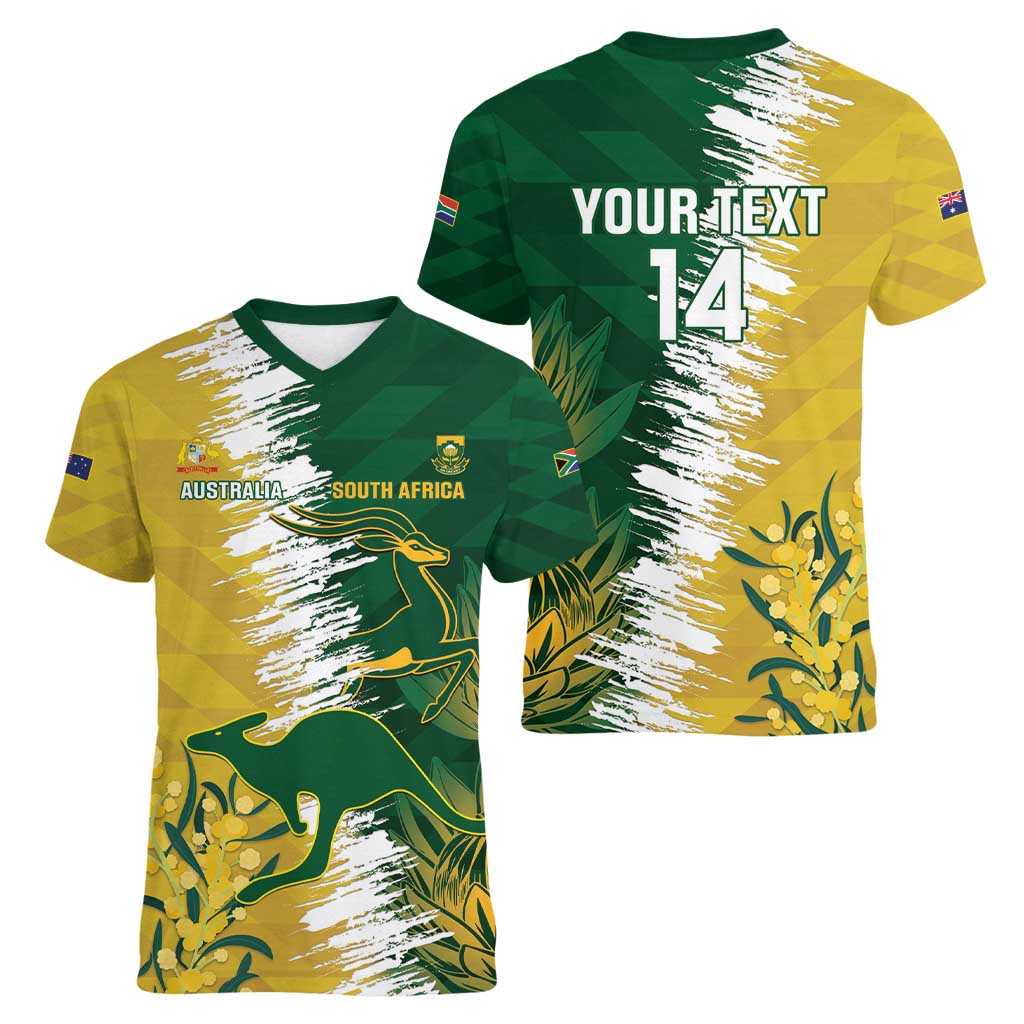 Custom Australia And South Africa Cricket Women V-Neck T-Shirt Aussies Proteas Together - Wonder Print Shop