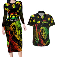 Jamaica Legend Bob Day Couples Matching Long Sleeve Bodycon Dress and Hawaiian Shirt One Love Jamaican Reggae African Pattern - Wonder Print Shop