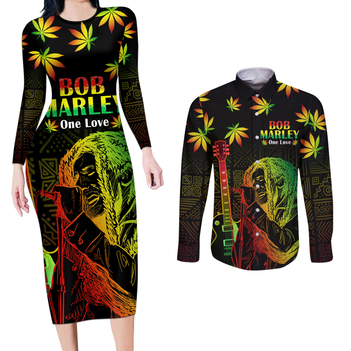 Jamaica Legend Bob Day Couples Matching Long Sleeve Bodycon Dress and Long Sleeve Button Shirt One Love Jamaican Reggae African Pattern - Wonder Print Shop