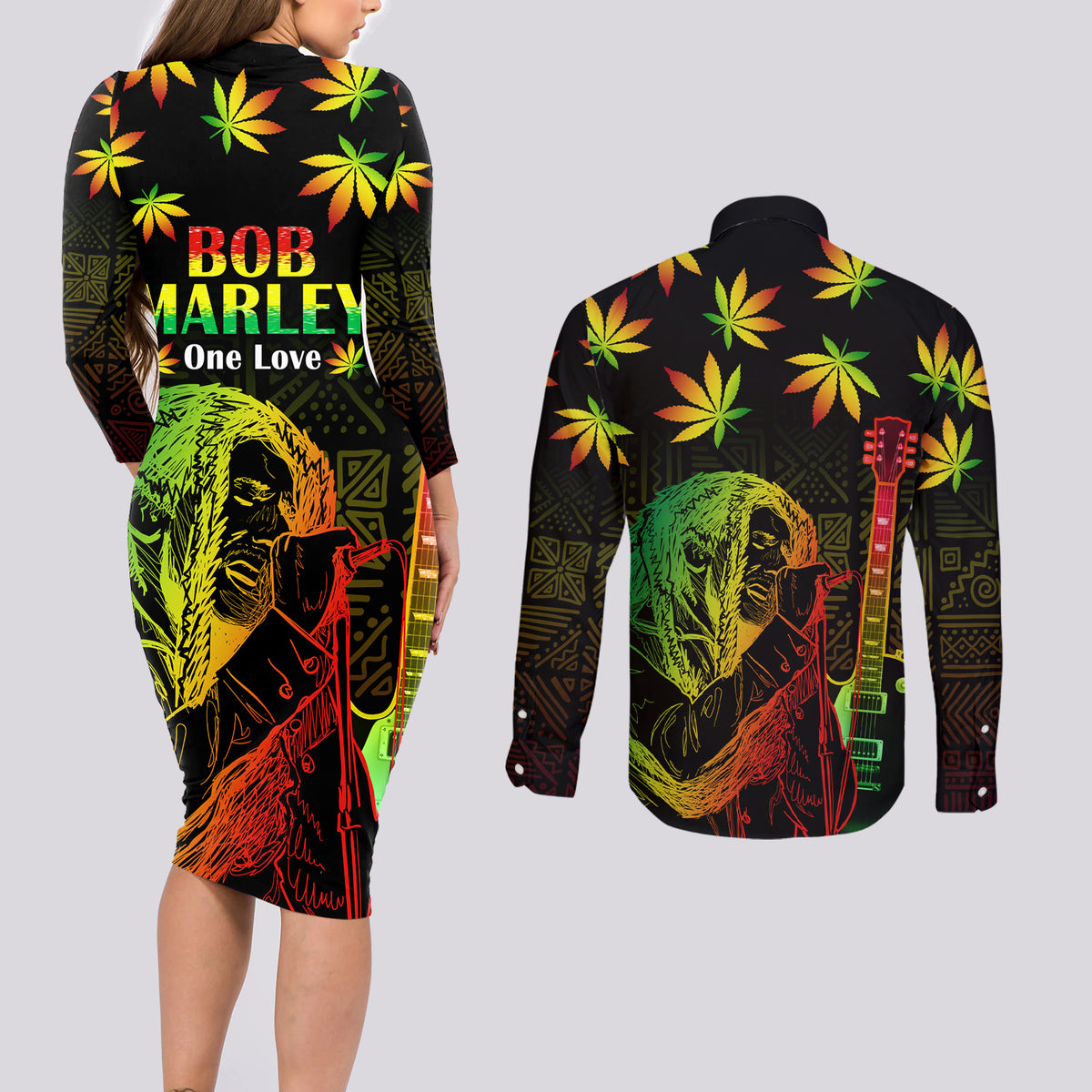 Jamaica Legend Bob Day Couples Matching Long Sleeve Bodycon Dress and Long Sleeve Button Shirt One Love Jamaican Reggae African Pattern - Wonder Print Shop
