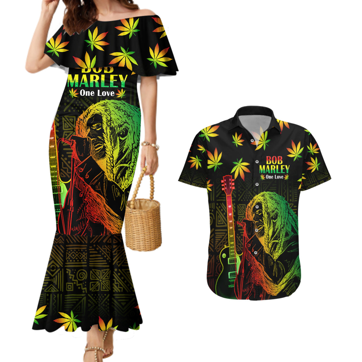 Jamaica Legend Bob Day Couples Matching Mermaid Dress and Hawaiian Shirt One Love Jamaican Reggae African Pattern - Wonder Print Shop
