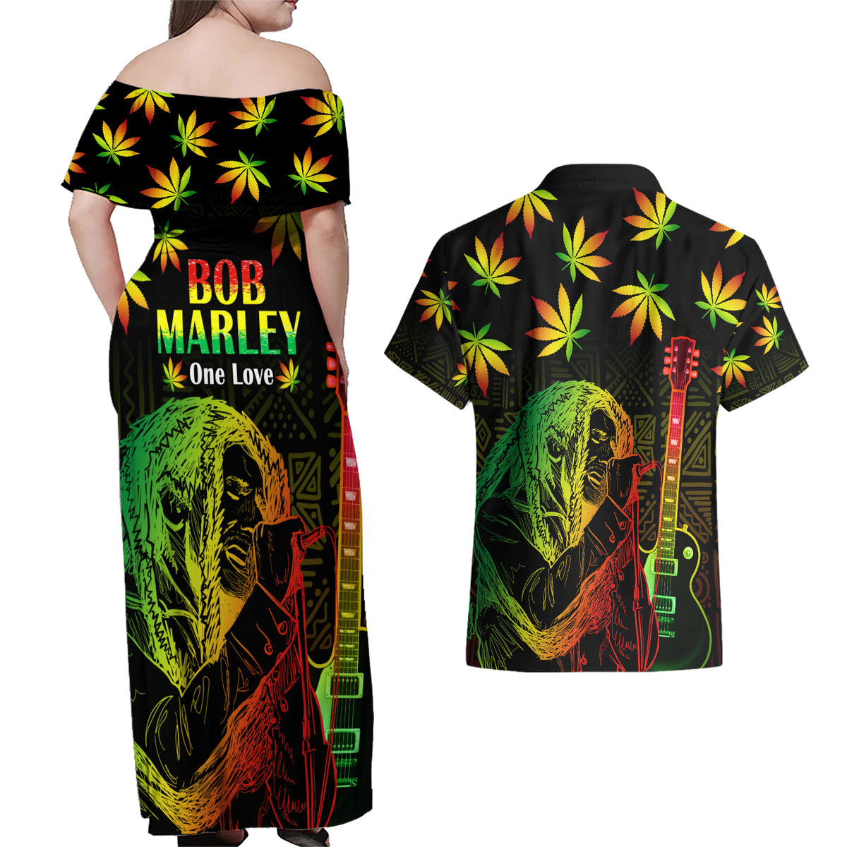 Jamaica Legend Bob Day Couples Matching Off Shoulder Maxi Dress and Hawaiian Shirt One Love Jamaican Reggae African Pattern - Wonder Print Shop