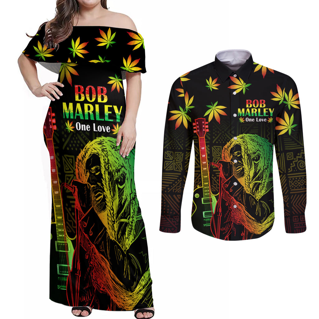 Jamaica Legend Bob Day Couples Matching Off Shoulder Maxi Dress and Long Sleeve Button Shirt One Love Jamaican Reggae African Pattern - Wonder Print Shop