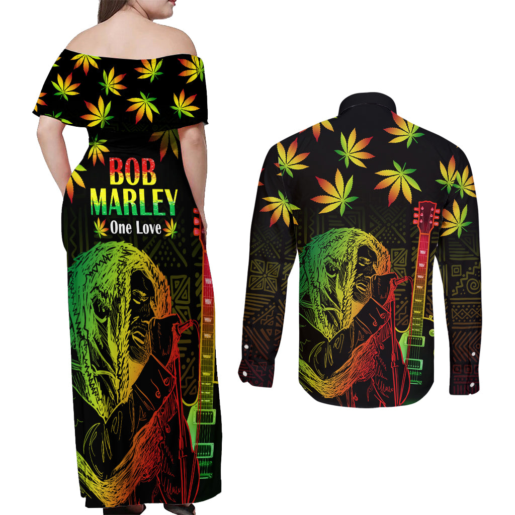 Jamaica Legend Bob Day Couples Matching Off Shoulder Maxi Dress and Long Sleeve Button Shirt One Love Jamaican Reggae African Pattern - Wonder Print Shop