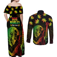 Jamaica Legend Bob Day Couples Matching Off Shoulder Maxi Dress and Long Sleeve Button Shirt One Love Jamaican Reggae African Pattern - Wonder Print Shop
