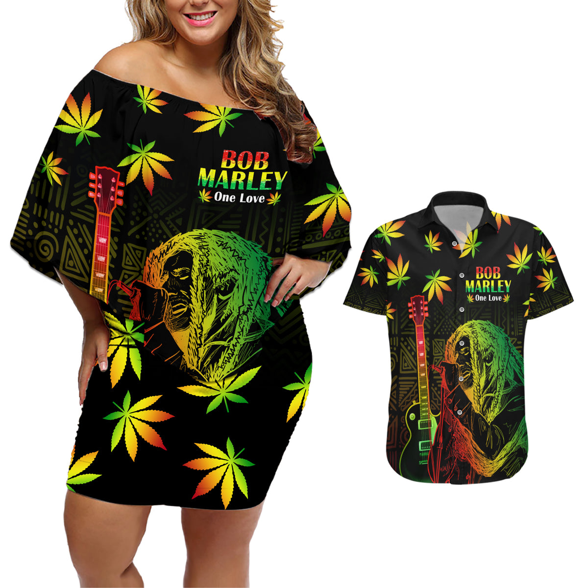 Jamaica Legend Bob Day Couples Matching Off Shoulder Short Dress and Hawaiian Shirt One Love Jamaican Reggae African Pattern - Wonder Print Shop