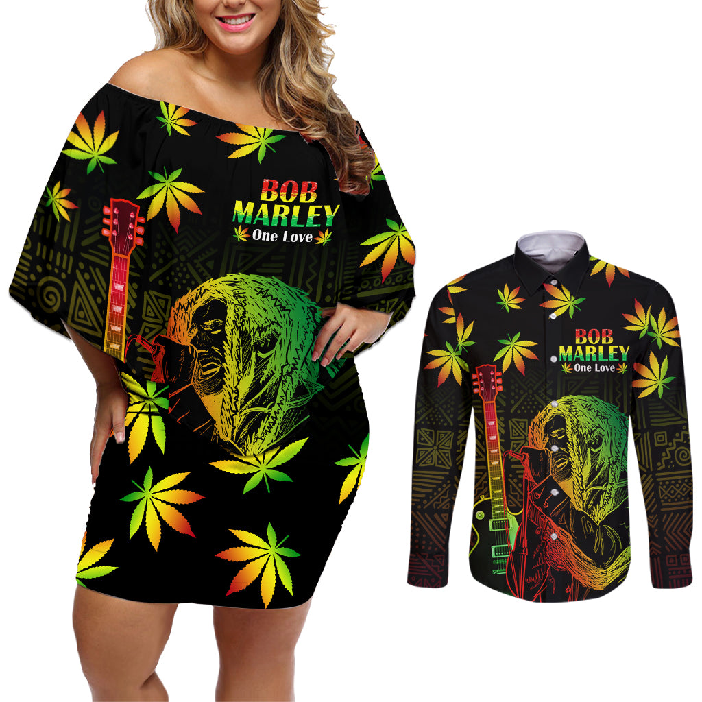 Jamaica Legend Bob Day Couples Matching Off Shoulder Short Dress and Long Sleeve Button Shirt One Love Jamaican Reggae African Pattern - Wonder Print Shop