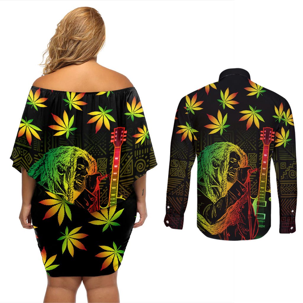 Jamaica Legend Bob Day Couples Matching Off Shoulder Short Dress and Long Sleeve Button Shirt One Love Jamaican Reggae African Pattern - Wonder Print Shop