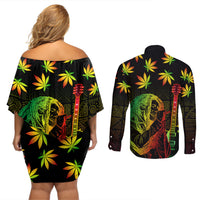 Jamaica Legend Bob Day Couples Matching Off Shoulder Short Dress and Long Sleeve Button Shirt One Love Jamaican Reggae African Pattern - Wonder Print Shop
