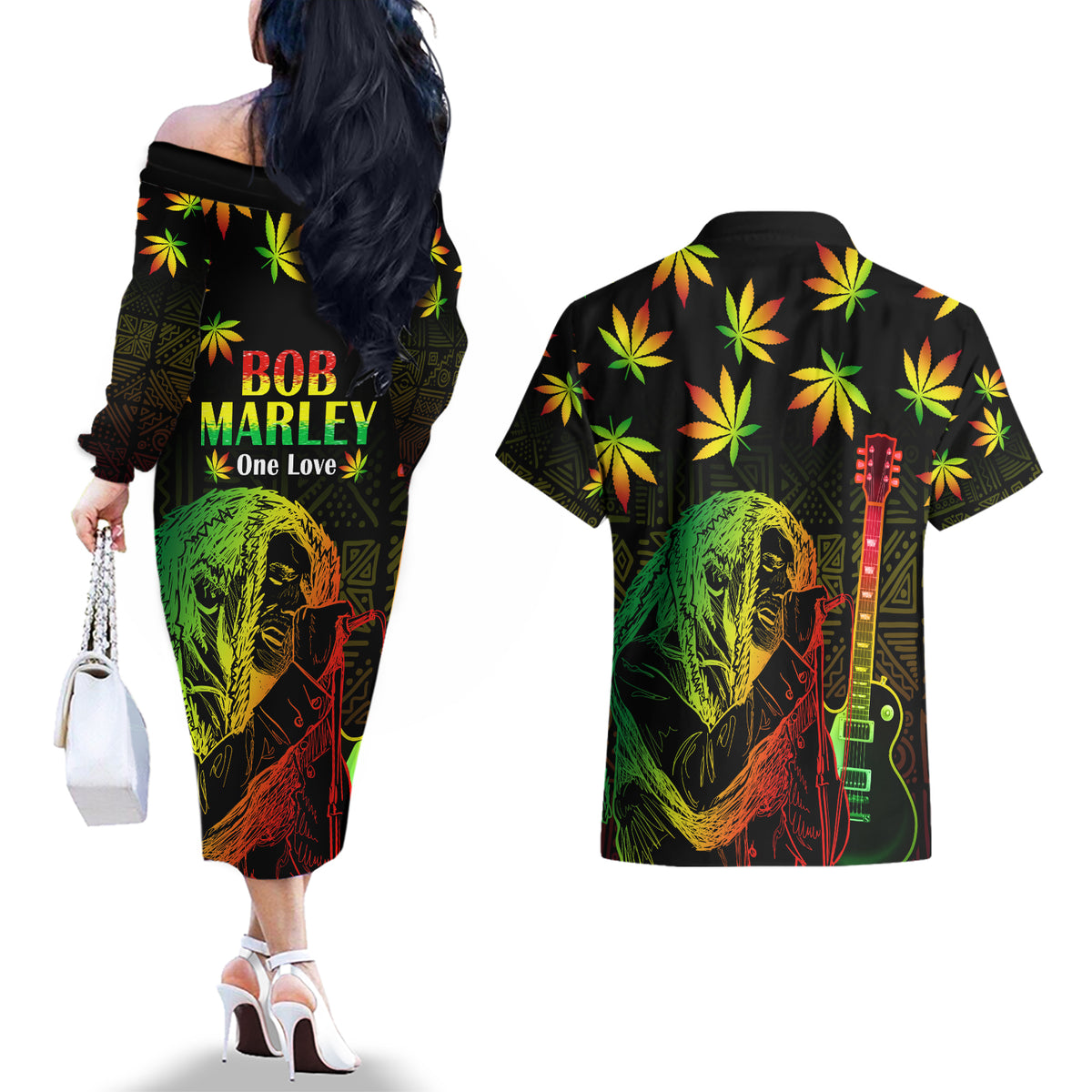 Jamaica Legend Bob Day Couples Matching Off The Shoulder Long Sleeve Dress and Hawaiian Shirt One Love Jamaican Reggae African Pattern - Wonder Print Shop