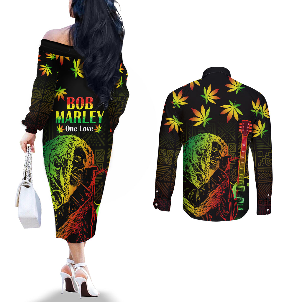 Jamaica Bob Marley Day Couples Matching Off The Shoulder Long Sleeve Dress and Long Sleeve Button Shirt One Love Jamaican Reggae African Pattern