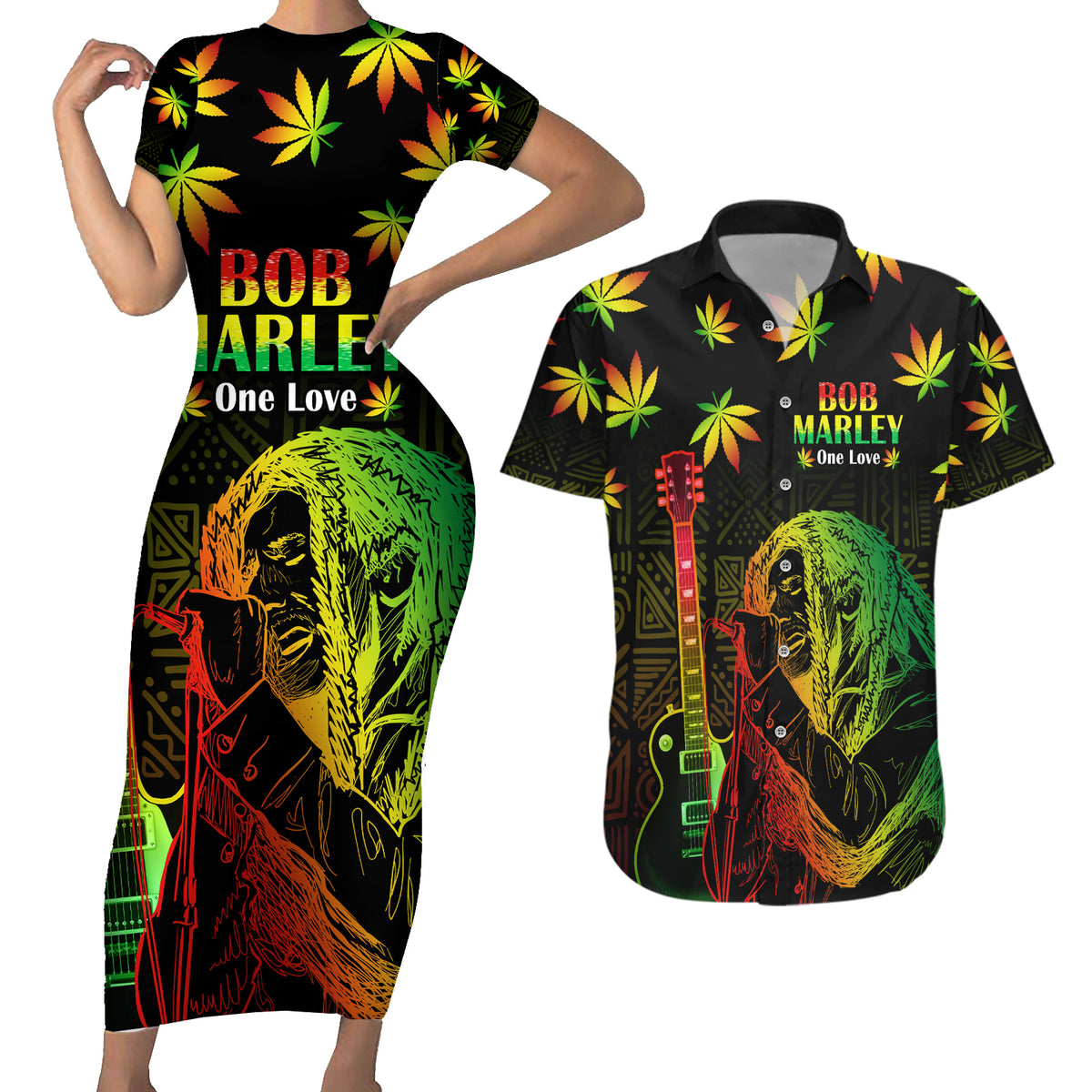 Jamaica Legend Bob Day Couples Matching Short Sleeve Bodycon Dress and Hawaiian Shirt One Love Jamaican Reggae African Pattern - Wonder Print Shop
