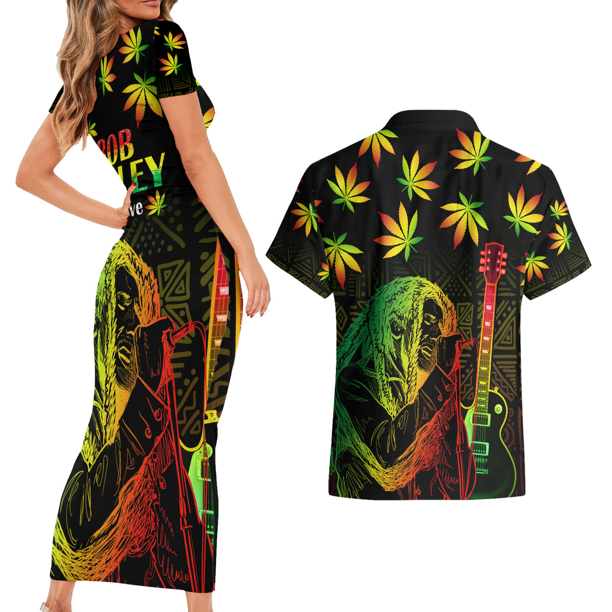 Jamaica Legend Bob Day Couples Matching Short Sleeve Bodycon Dress and Hawaiian Shirt One Love Jamaican Reggae African Pattern - Wonder Print Shop