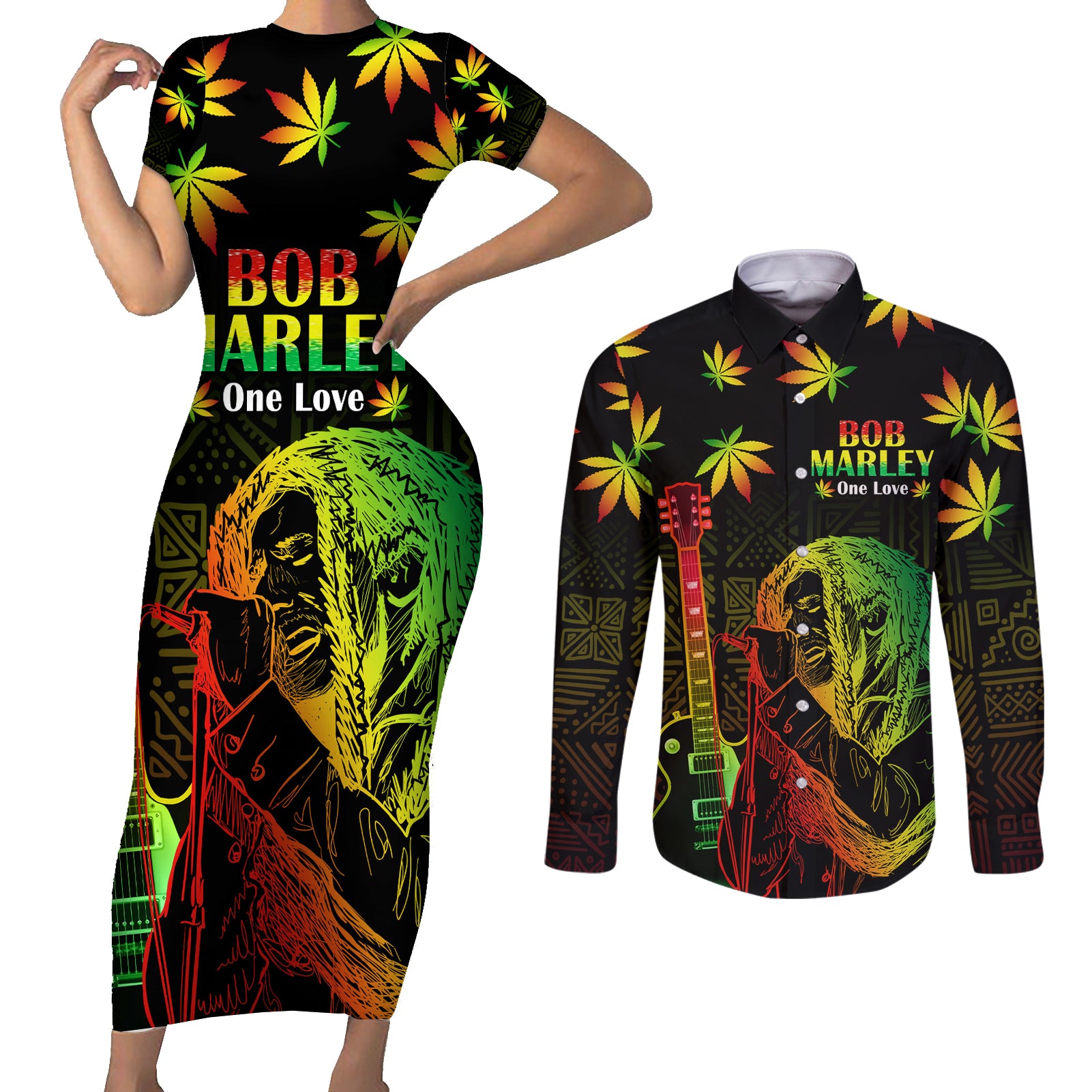 Jamaica Bob Marley Day Couples Matching Short Sleeve Bodycon Dress and Long Sleeve Button Shirt One Love Jamaican Reggae African Pattern