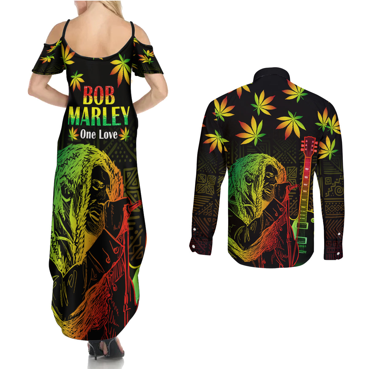 Jamaica Legend Bob Day Couples Matching Summer Maxi Dress and Long Sleeve Button Shirt One Love Jamaican Reggae African Pattern - Wonder Print Shop