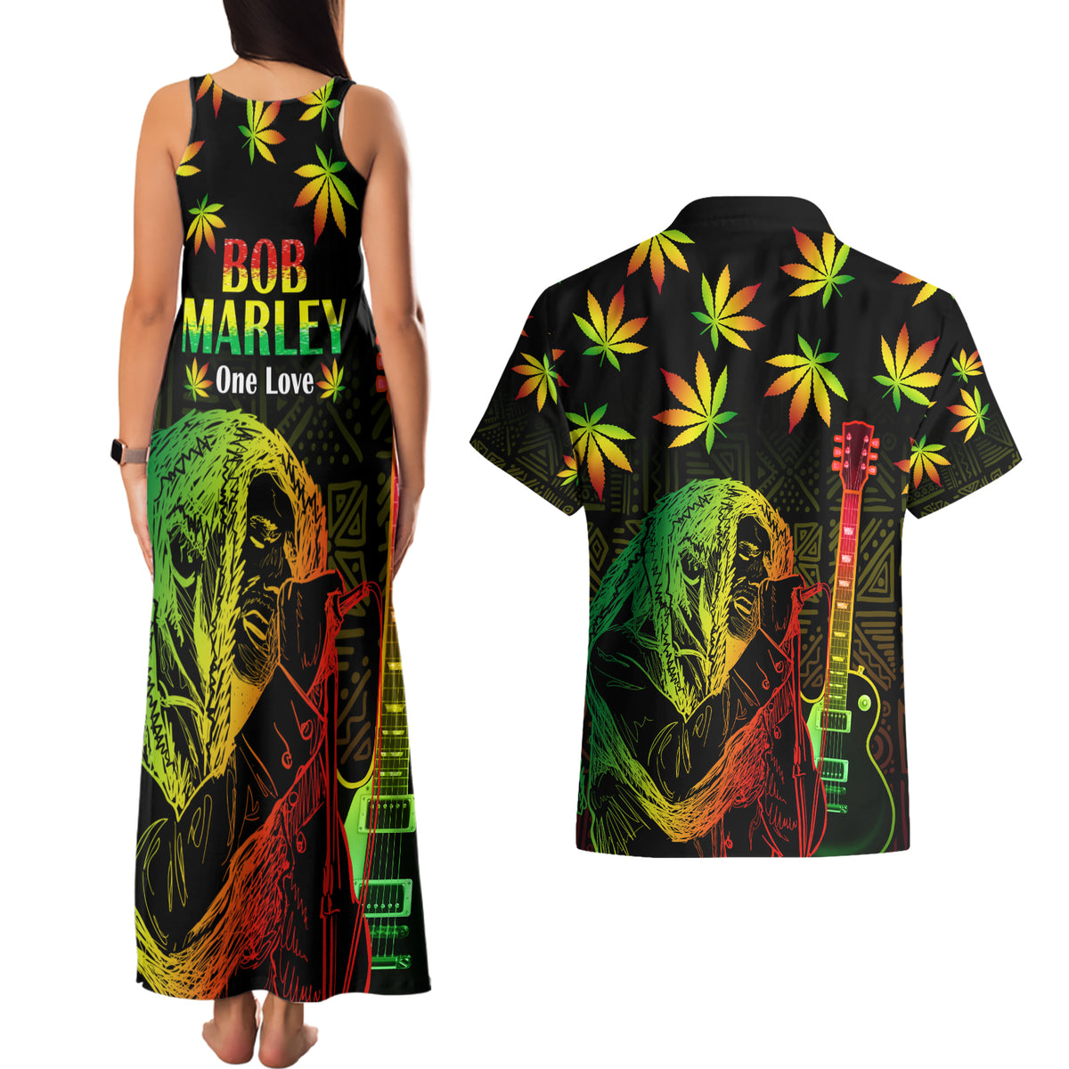 Jamaica Legend Bob Day Couples Matching Tank Maxi Dress and Hawaiian Shirt One Love Jamaican Reggae African Pattern - Wonder Print Shop