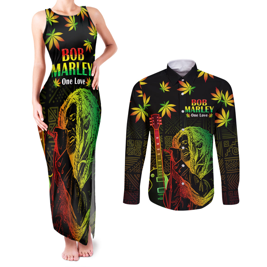 Jamaica Legend Bob Day Couples Matching Tank Maxi Dress and Long Sleeve Button Shirt One Love Jamaican Reggae African Pattern - Wonder Print Shop