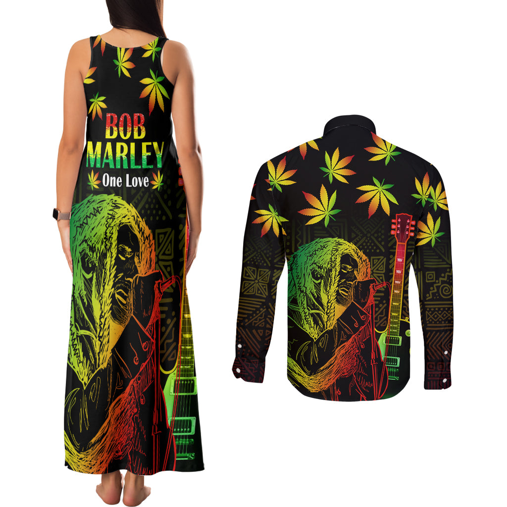 Jamaica Legend Bob Day Couples Matching Tank Maxi Dress and Long Sleeve Button Shirt One Love Jamaican Reggae African Pattern - Wonder Print Shop