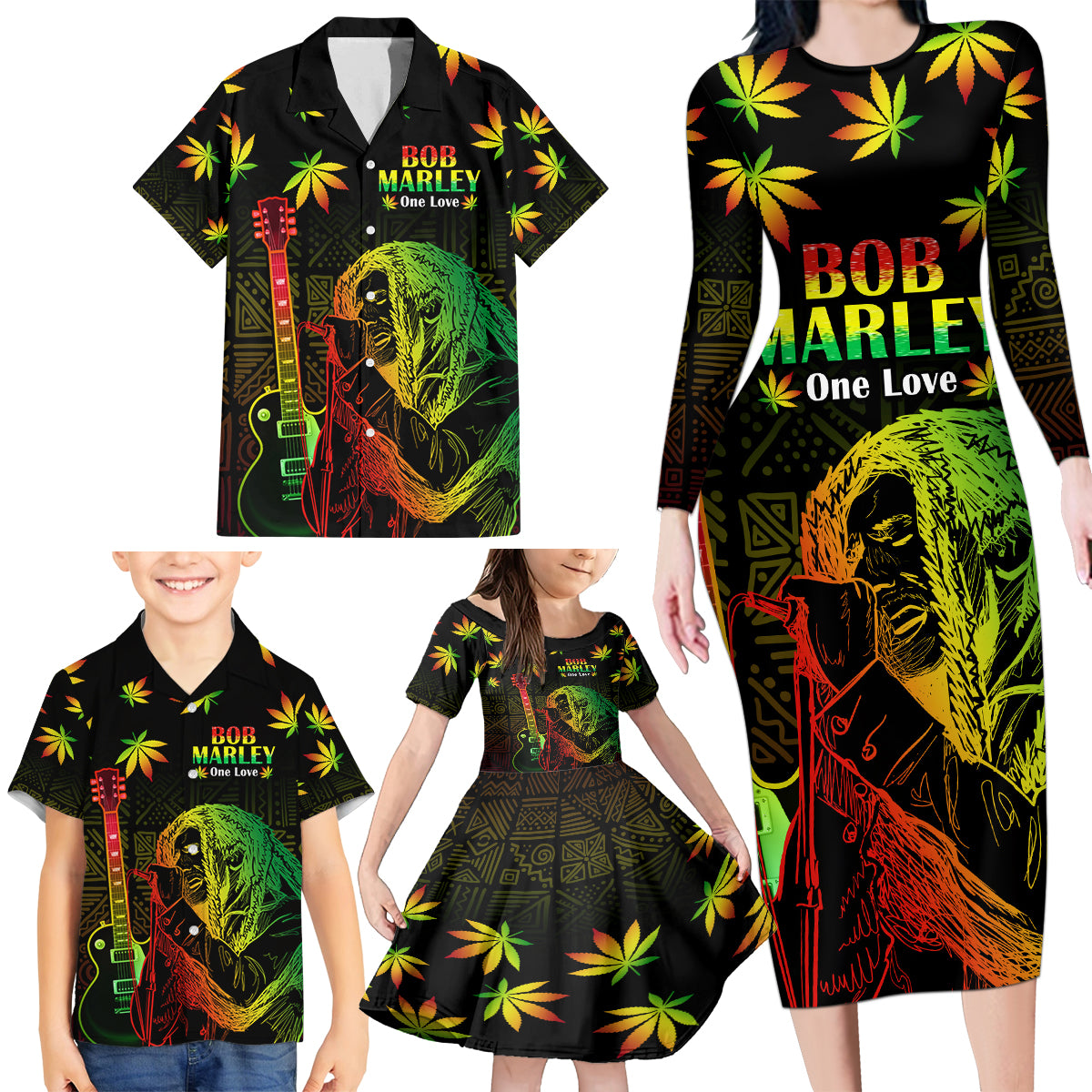 Jamaica Legend Bob Day Family Matching Long Sleeve Bodycon Dress and Hawaiian Shirt One Love Jamaican Reggae African Pattern - Wonder Print Shop