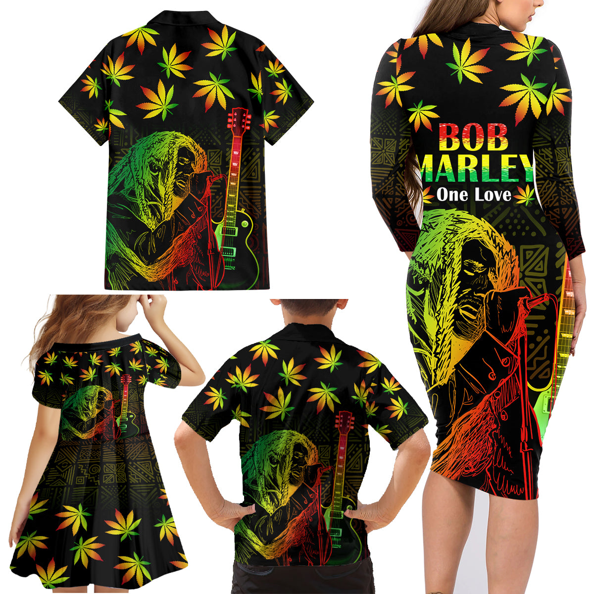 Jamaica Legend Bob Day Family Matching Long Sleeve Bodycon Dress and Hawaiian Shirt One Love Jamaican Reggae African Pattern - Wonder Print Shop