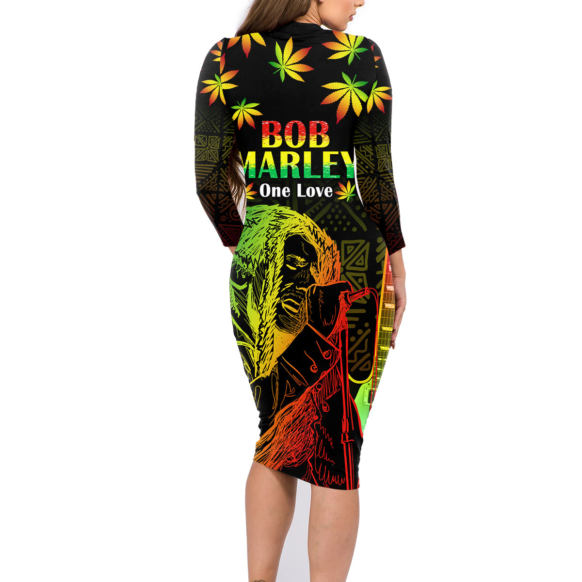 Jamaica Legend Bob Day Family Matching Long Sleeve Bodycon Dress and Hawaiian Shirt One Love Jamaican Reggae African Pattern - Wonder Print Shop