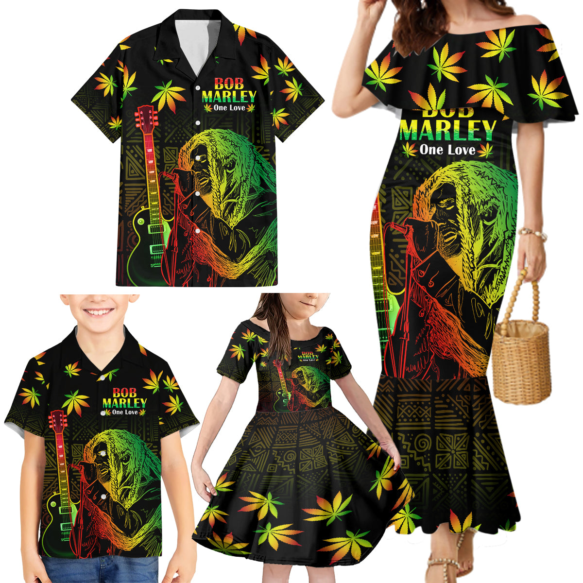Jamaica Legend Bob Day Family Matching Mermaid Dress and Hawaiian Shirt One Love Jamaican Reggae African Pattern - Wonder Print Shop