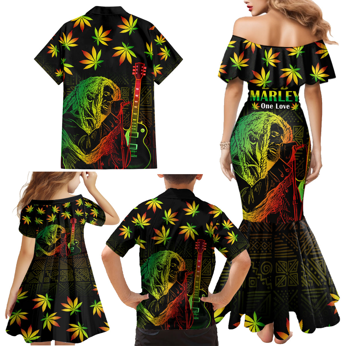 Jamaica Legend Bob Day Family Matching Mermaid Dress and Hawaiian Shirt One Love Jamaican Reggae African Pattern - Wonder Print Shop