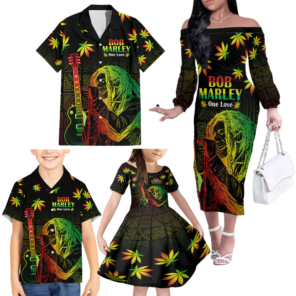 Jamaica Legend Bob Day Family Matching Off Shoulder Long Sleeve Dress and Hawaiian Shirt One Love Jamaican Reggae African Pattern - Wonder Print Shop