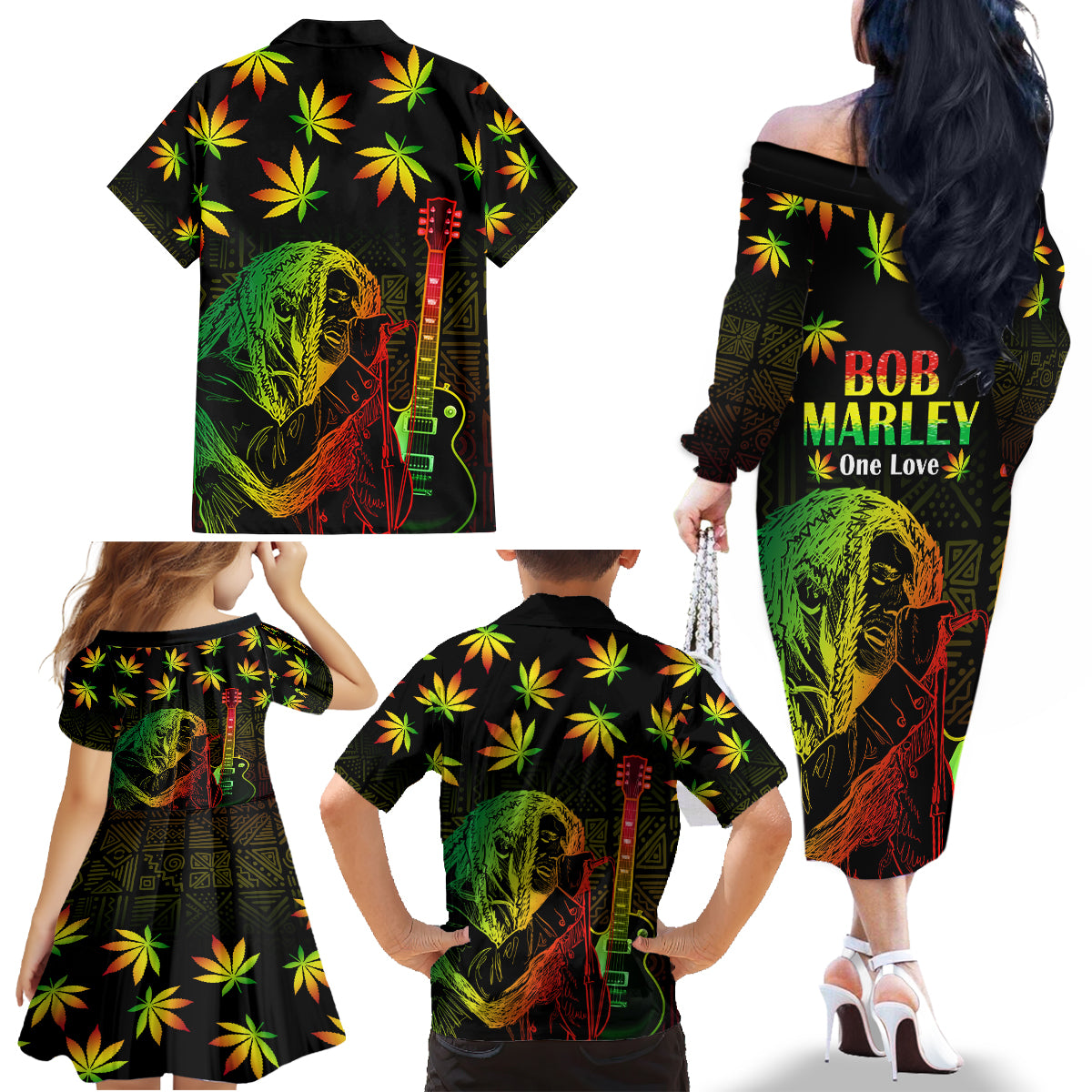 Jamaica Legend Bob Day Family Matching Off Shoulder Long Sleeve Dress and Hawaiian Shirt One Love Jamaican Reggae African Pattern - Wonder Print Shop