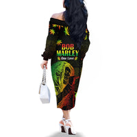 Jamaica Legend Bob Day Family Matching Off Shoulder Long Sleeve Dress and Hawaiian Shirt One Love Jamaican Reggae African Pattern - Wonder Print Shop