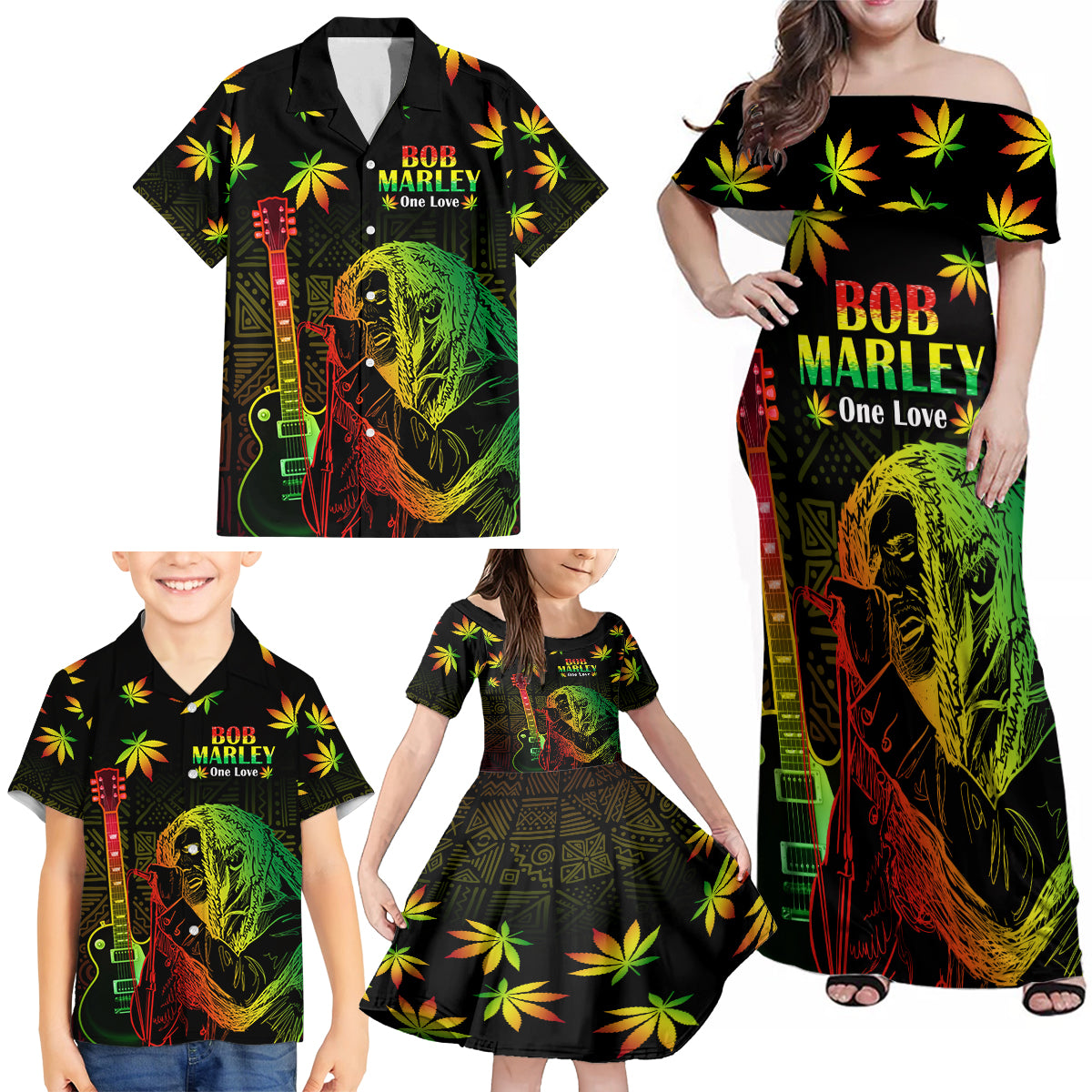Jamaica Legend Bob Day Family Matching Off Shoulder Maxi Dress and Hawaiian Shirt One Love Jamaican Reggae African Pattern - Wonder Print Shop