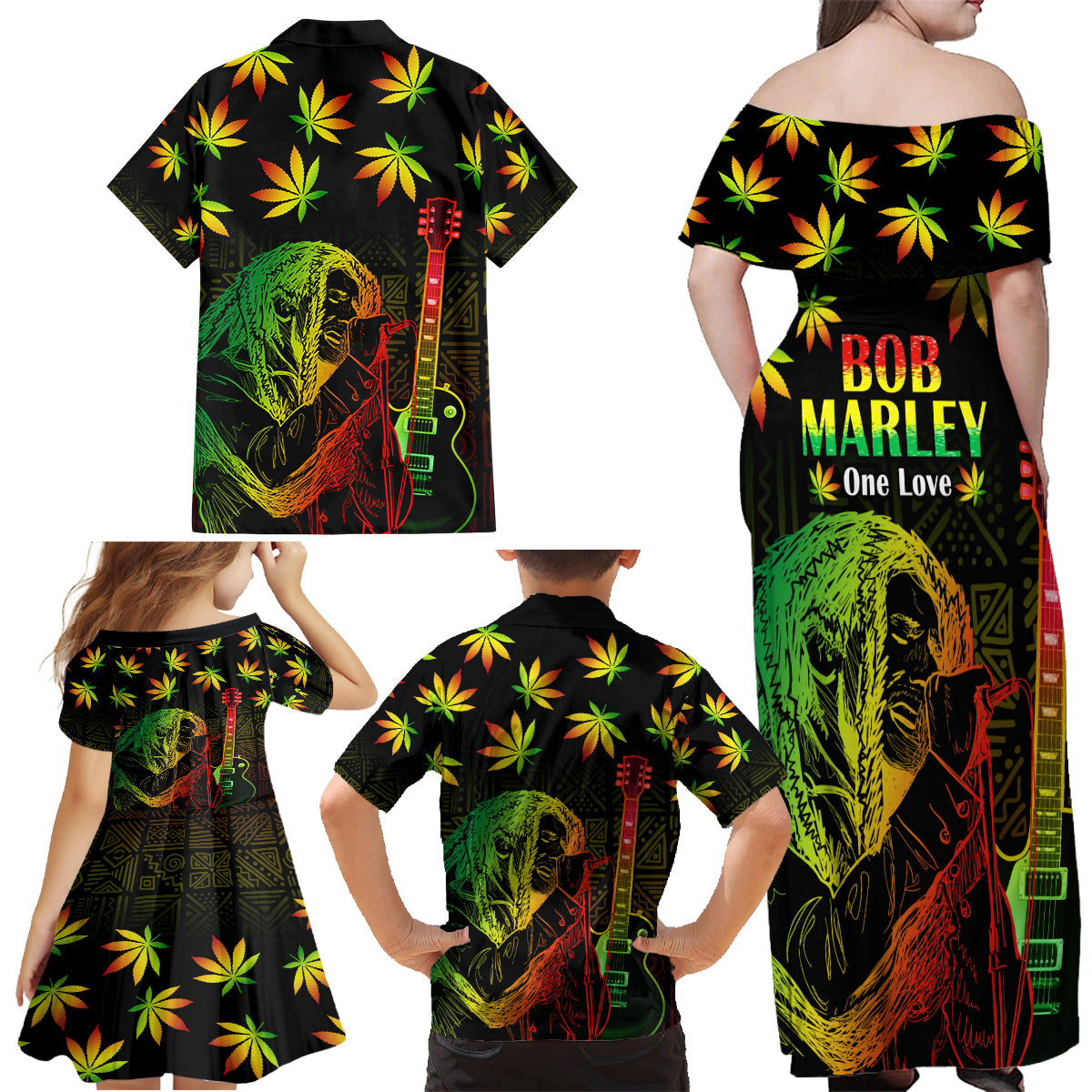 Jamaica Legend Bob Day Family Matching Off Shoulder Maxi Dress and Hawaiian Shirt One Love Jamaican Reggae African Pattern - Wonder Print Shop