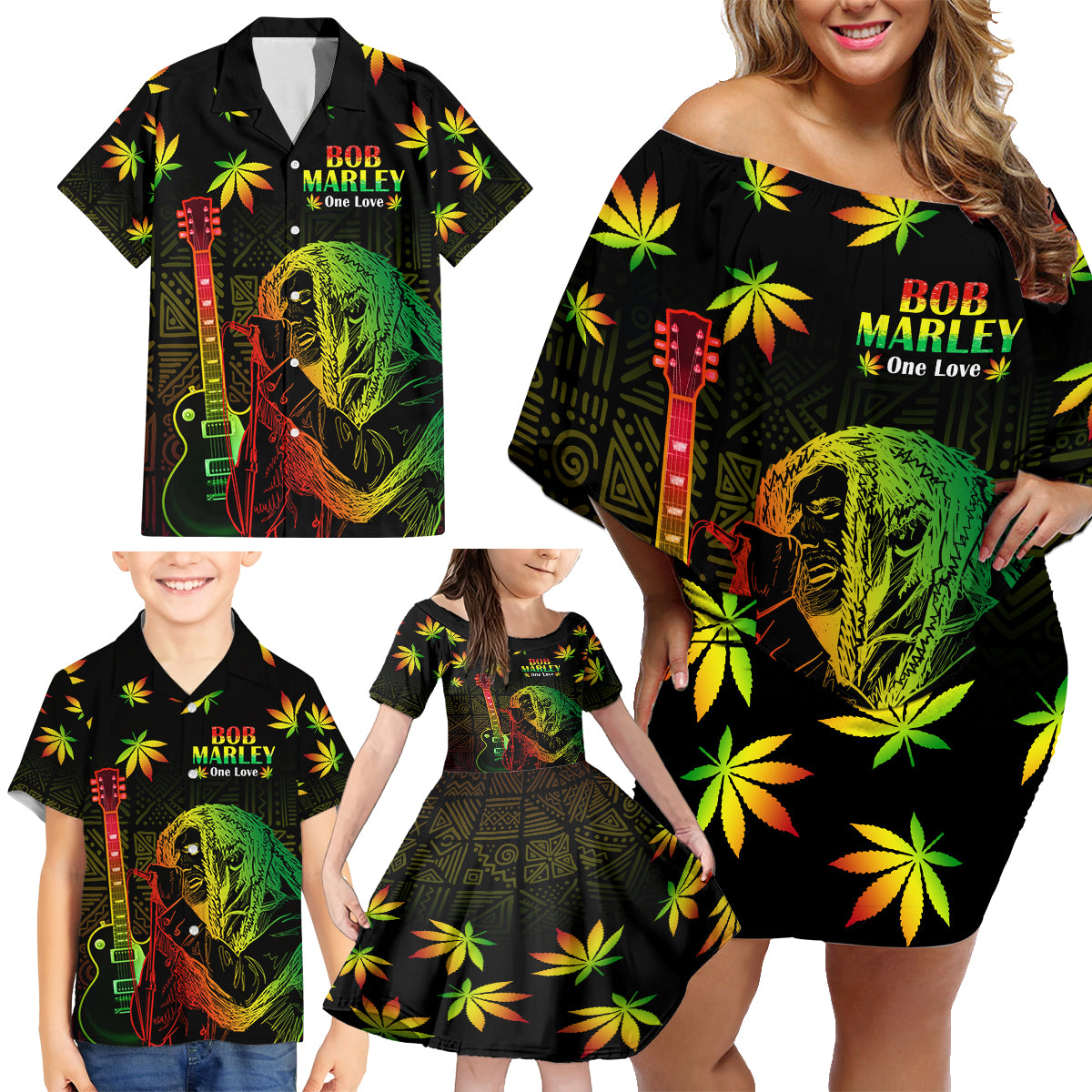 Jamaica Legend Bob Day Family Matching Off Shoulder Short Dress and Hawaiian Shirt One Love Jamaican Reggae African Pattern - Wonder Print Shop