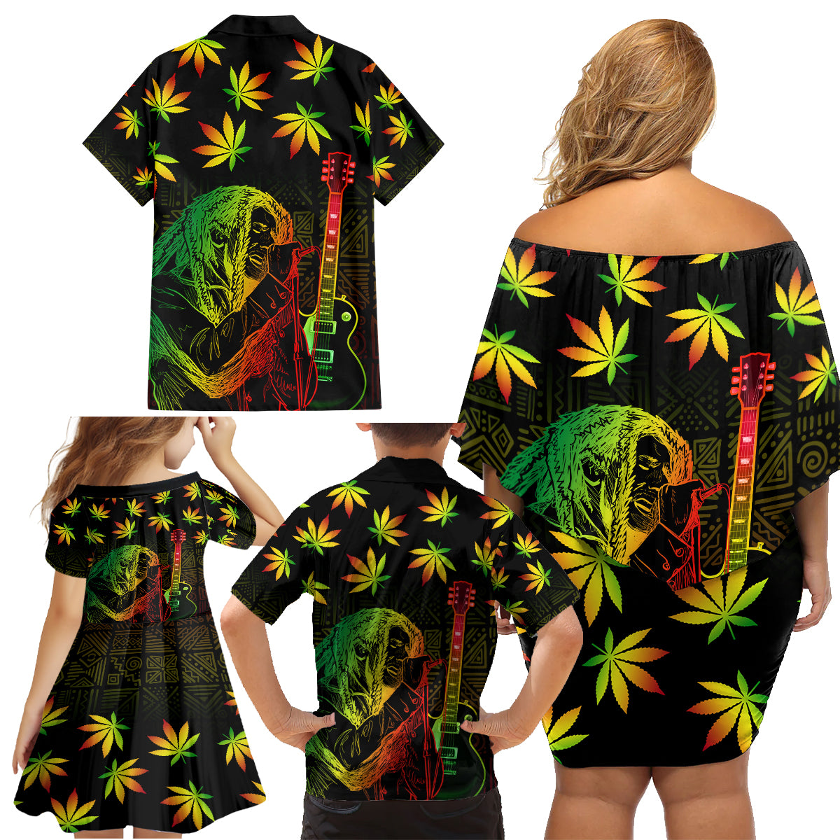 Jamaica Legend Bob Day Family Matching Off Shoulder Short Dress and Hawaiian Shirt One Love Jamaican Reggae African Pattern - Wonder Print Shop