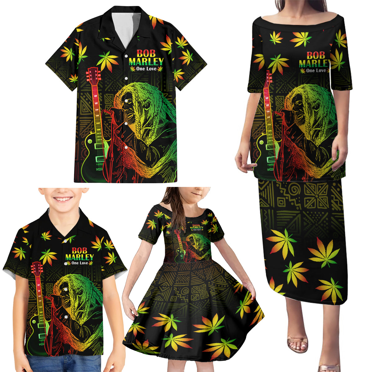 Jamaica Legend Bob Day Family Matching Puletasi and Hawaiian Shirt One Love Jamaican Reggae African Pattern - Wonder Print Shop