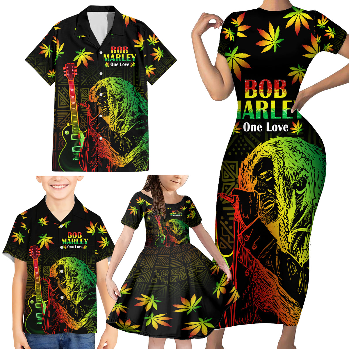 Jamaica Legend Bob Day Family Matching Short Sleeve Bodycon Dress and Hawaiian Shirt One Love Jamaican Reggae African Pattern - Wonder Print Shop