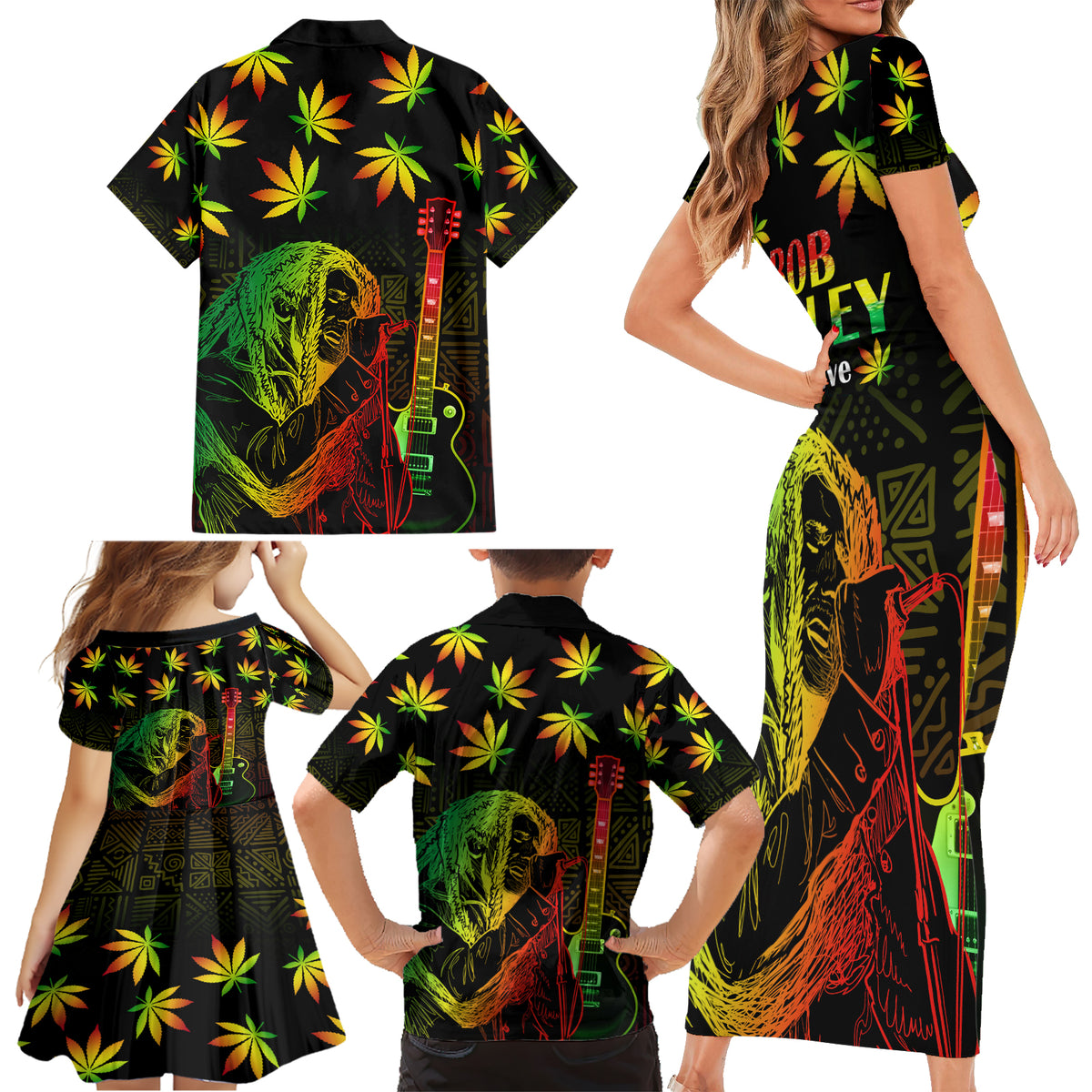 Jamaica Legend Bob Day Family Matching Short Sleeve Bodycon Dress and Hawaiian Shirt One Love Jamaican Reggae African Pattern - Wonder Print Shop