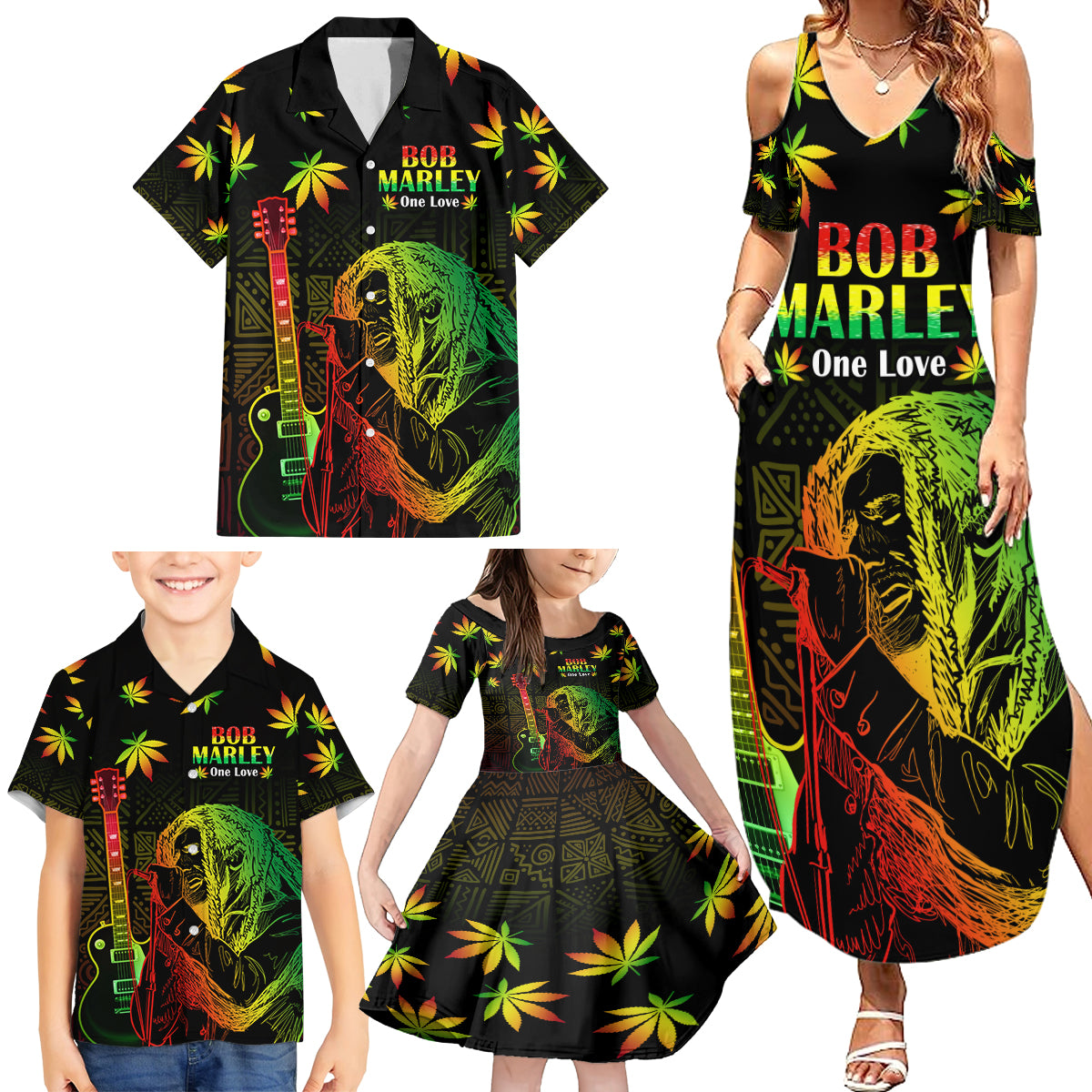 Jamaica Legend Bob Day Family Matching Summer Maxi Dress and Hawaiian Shirt One Love Jamaican Reggae African Pattern - Wonder Print Shop