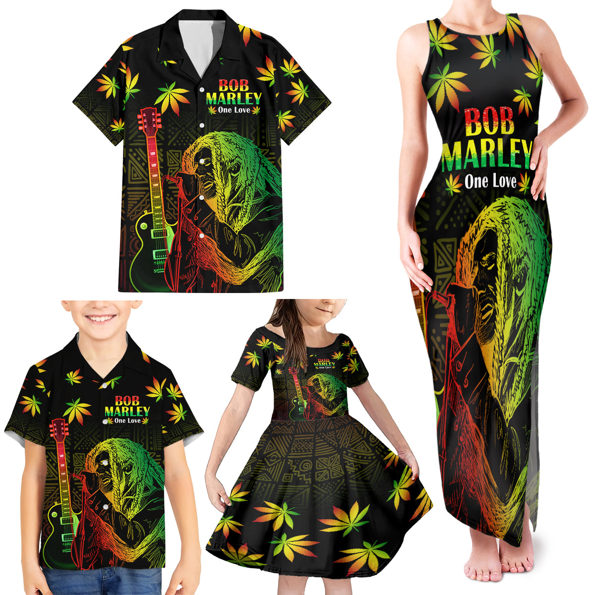 Jamaica Legend Bob Day Family Matching Tank Maxi Dress and Hawaiian Shirt One Love Jamaican Reggae African Pattern - Wonder Print Shop